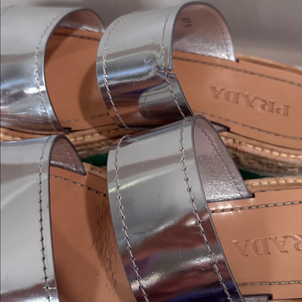 Prada Silver and Green Platform Metallic Two Band Espadrille Slides 37.5 7.5 - Picture 6 of 13